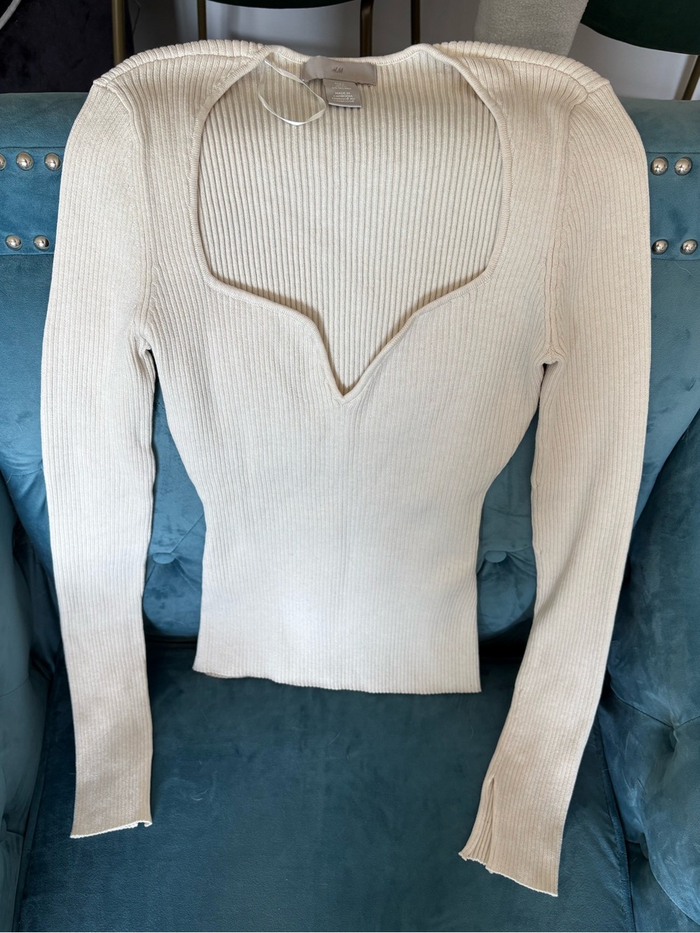H&M Cream Ribbed Long-Sleeve Sweetheart Neck Top